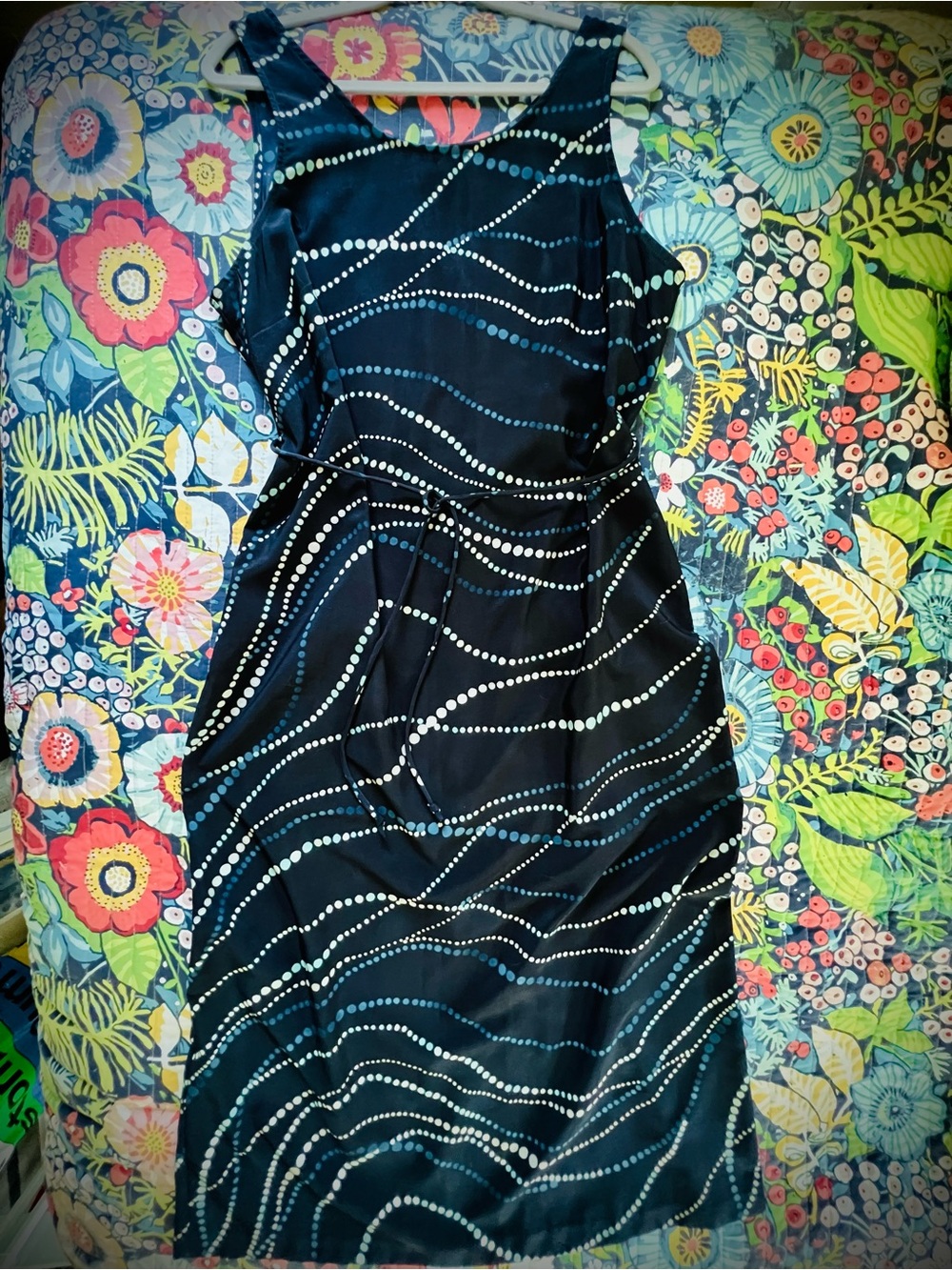 R&K Originals Vintage Sleeveless Navy Blue Abstract Wave Boho Dot Midi Dress